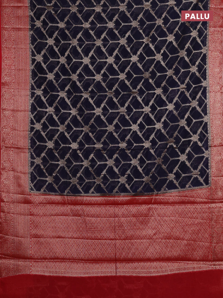 Navy Blue & Red Semi Chiniya Silk Saree