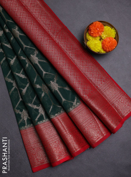 Bottle Green & Red Semi Chiniya Silk Saree