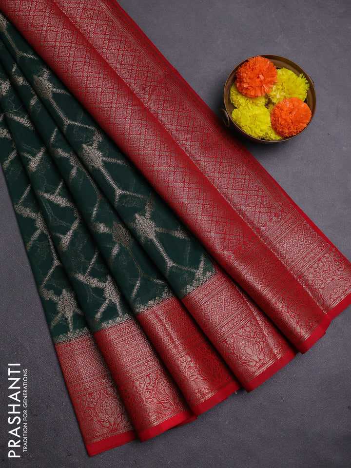 Bottle Green & Red Semi Chiniya Silk Saree