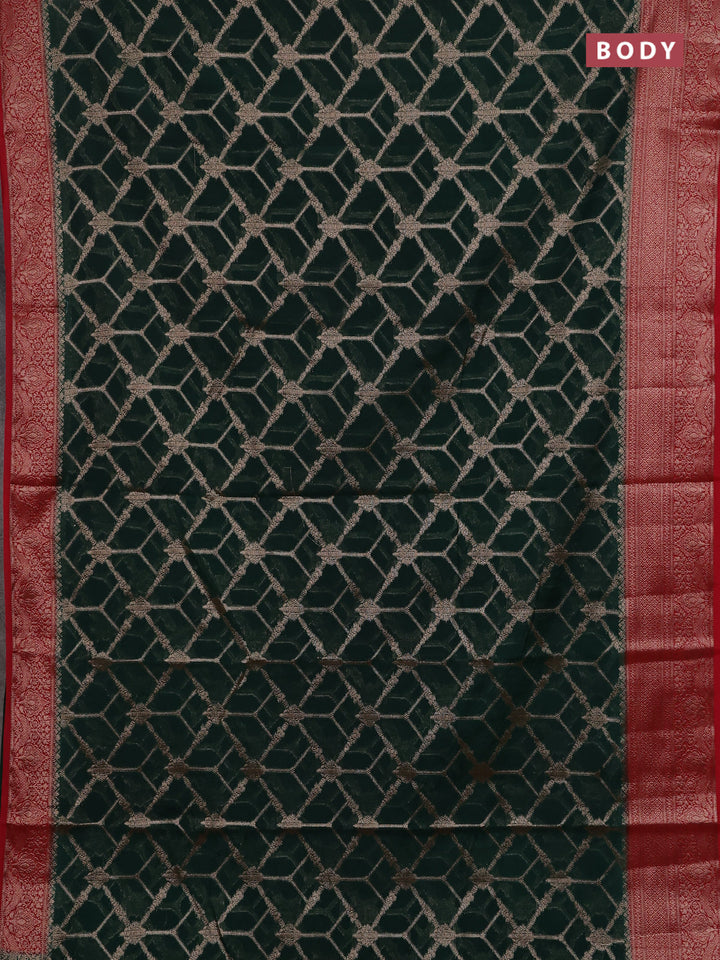 Bottle Green & Red Semi Chiniya Silk Saree