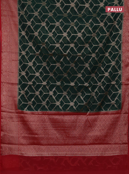 Bottle Green & Red Semi Chiniya Silk Saree