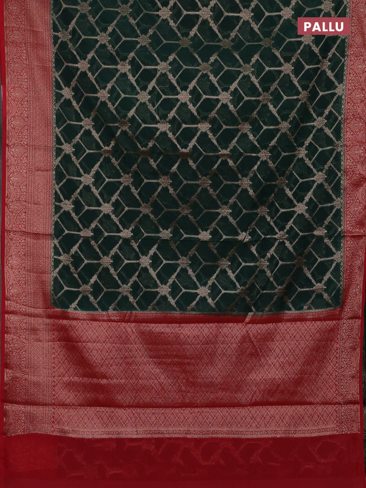 Bottle Green & Red Semi Chiniya Silk Saree