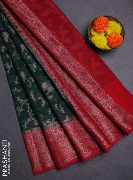 Bottle Green & Red Semi Chiniya Silk Saree