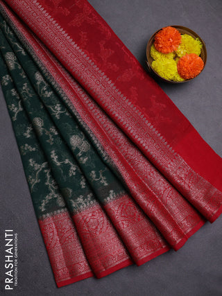 Bottle Green & Red Semi Chiniya Silk Saree