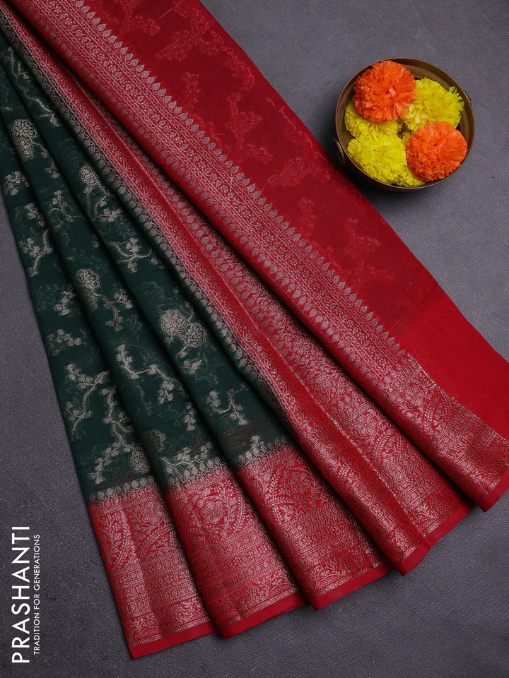 Bottle Green & Red Semi Chiniya Silk Saree