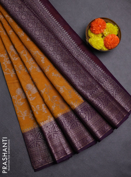 Mustard Yellow & Purple Semi Chiniya Silk Saree