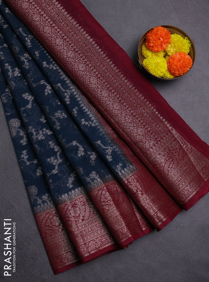 Peacock Blue & Maroon Semi Chiniya Silk Saree
