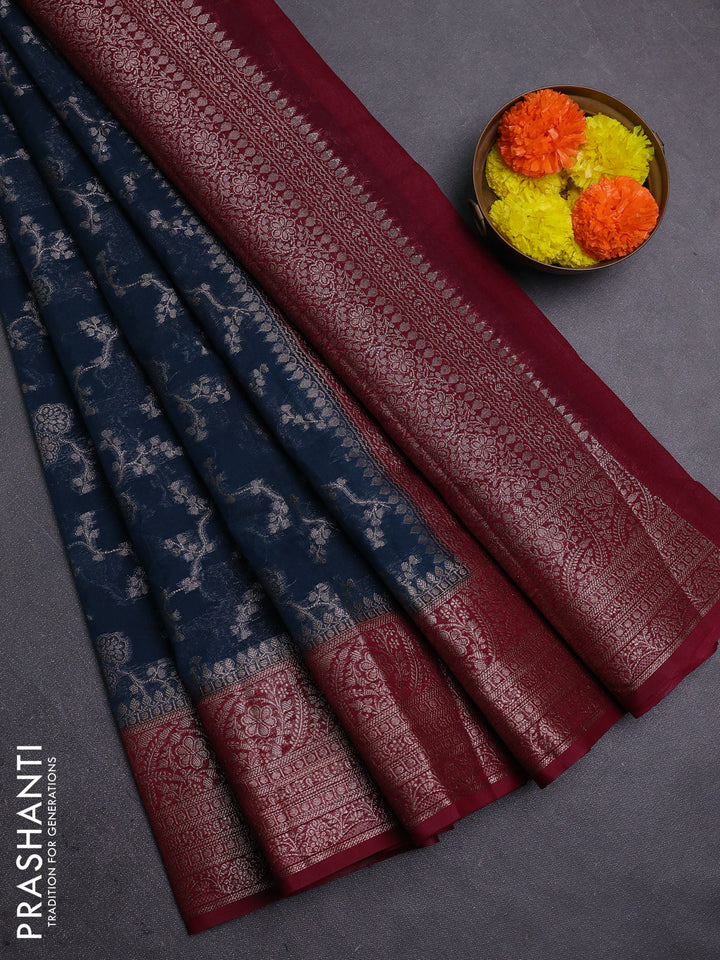 Peacock Blue & Maroon Semi Chiniya Silk Saree