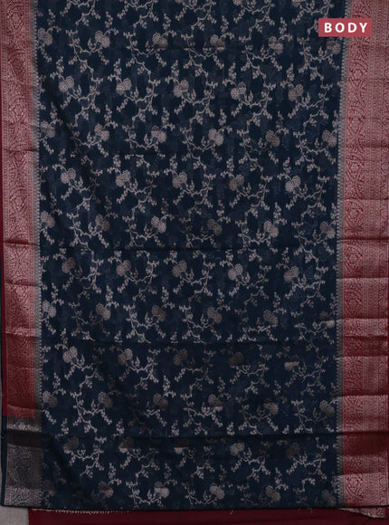 Peacock Blue & Maroon Semi Chiniya Silk Saree