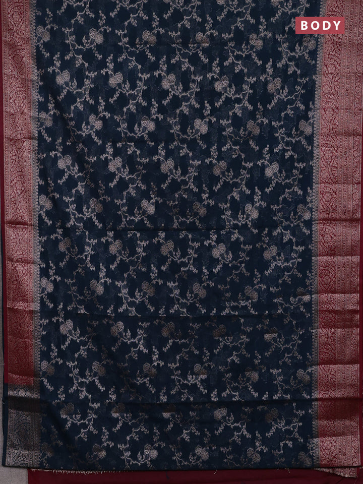 Peacock Blue & Maroon Semi Chiniya Silk Saree