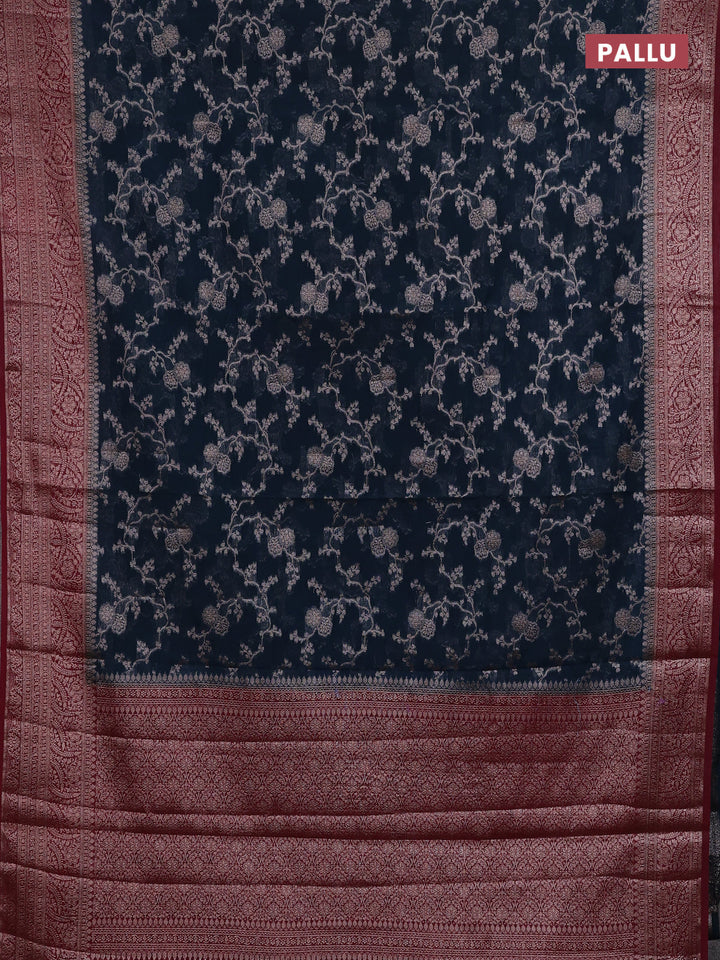 Peacock Blue & Maroon Semi Chiniya Silk Saree