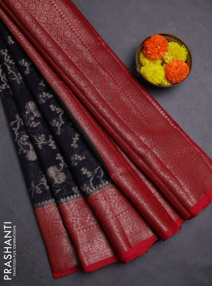Navy Blue & Red Semi Chiniya Silk Saree