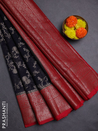 Navy Blue & Red Semi Chiniya Silk Saree