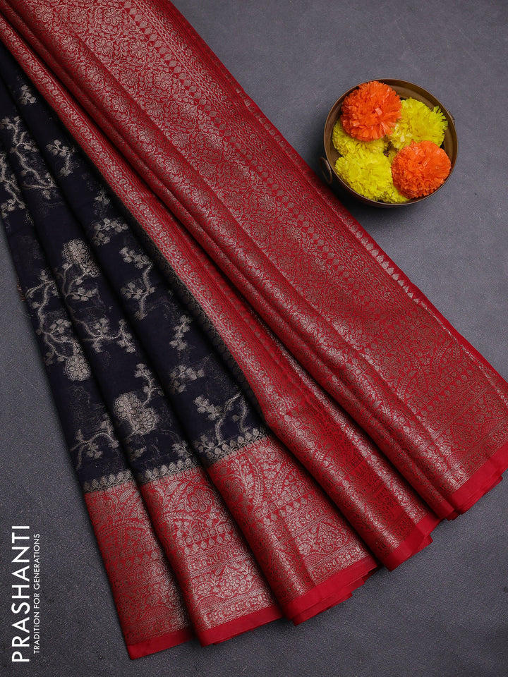 Navy Blue & Red Semi Chiniya Silk Saree