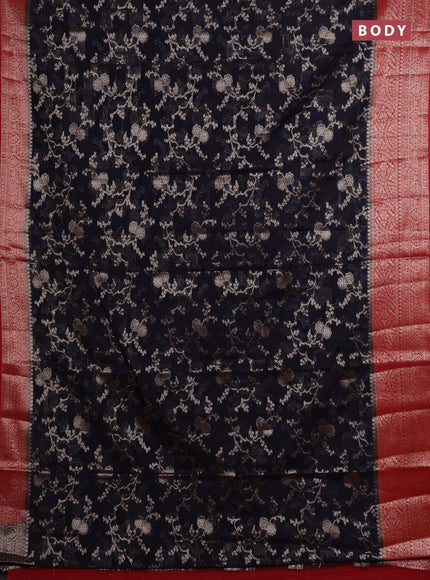 Navy Blue & Red Semi Chiniya Silk Saree