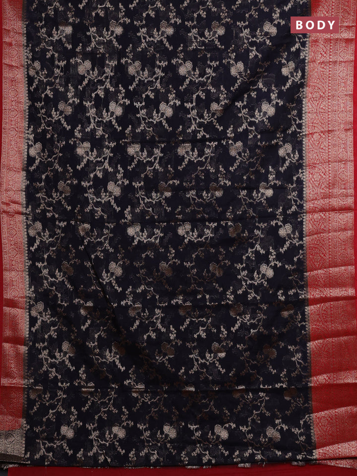 Navy Blue & Red Semi Chiniya Silk Saree