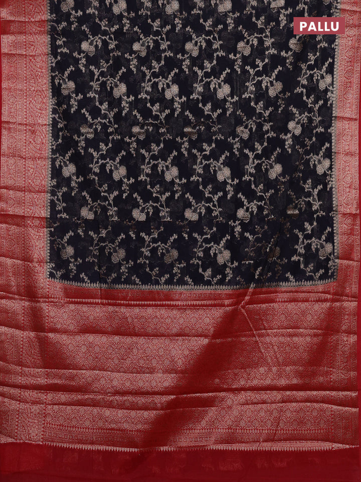 Navy Blue & Red Semi Chiniya Silk Saree