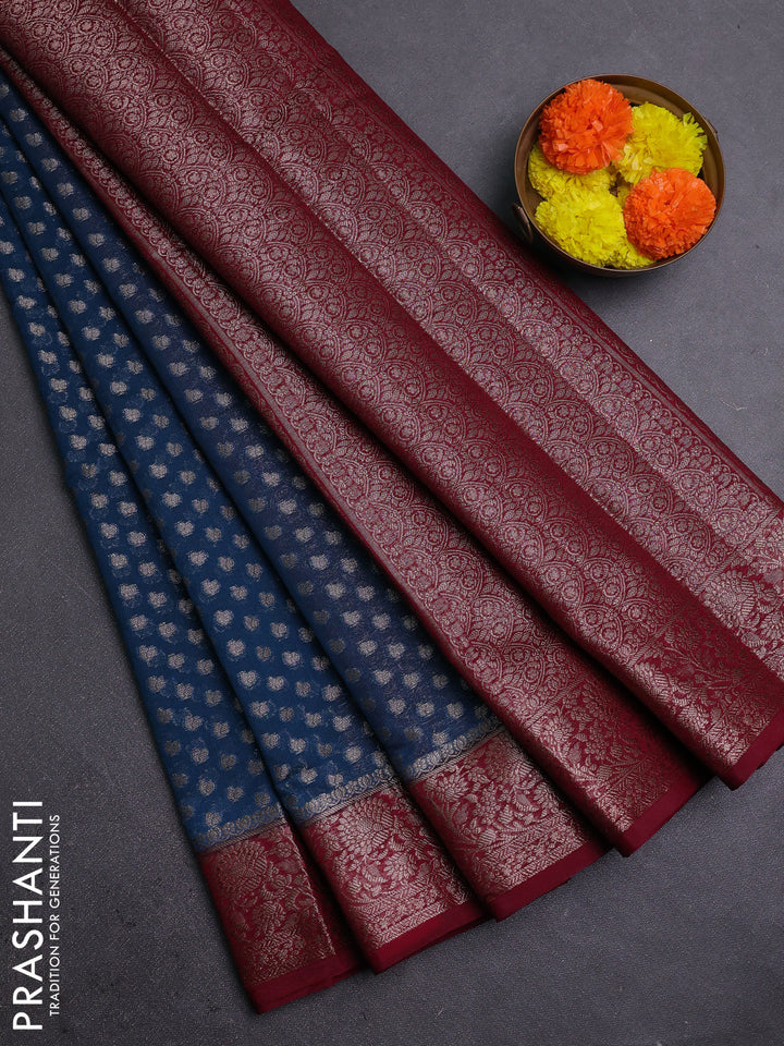 Peacock Blue & Maroon Semi Chiniya Silk Saree