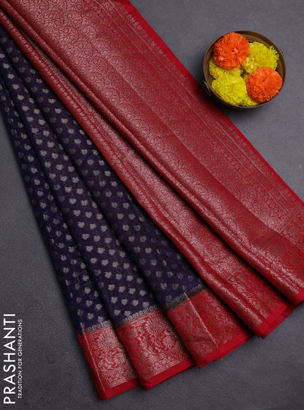 Navy Blue & Red Semi Chiniya Silk Saree