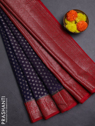 Navy Blue & Red Semi Chiniya Silk Saree