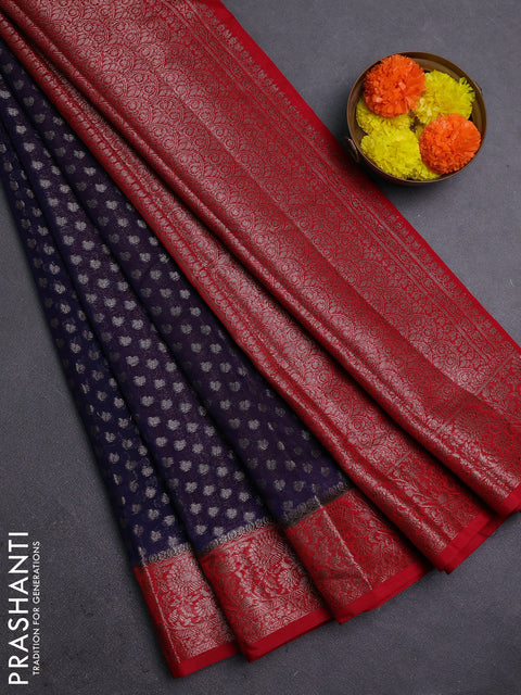 Navy Blue & Red Semi Chiniya Silk Saree