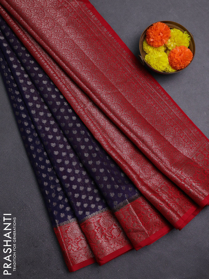 Navy Blue & Red Semi Chiniya Silk Saree