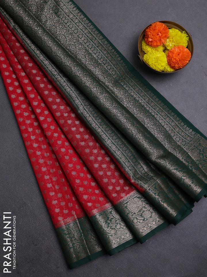Red & Bottle Green Semi Chiniya Silk Saree