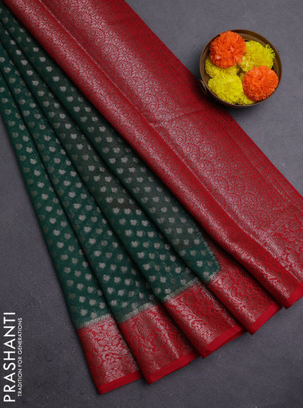 Bottle Green & Red Semi Chiniya Silk Saree
