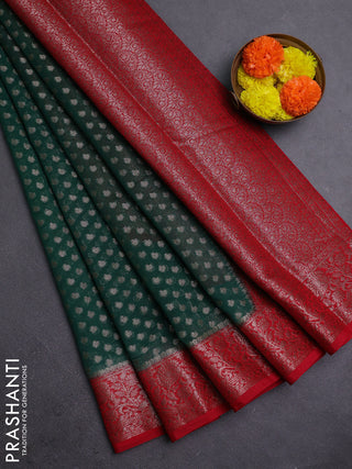 Bottle Green & Red Semi Chiniya Silk Saree