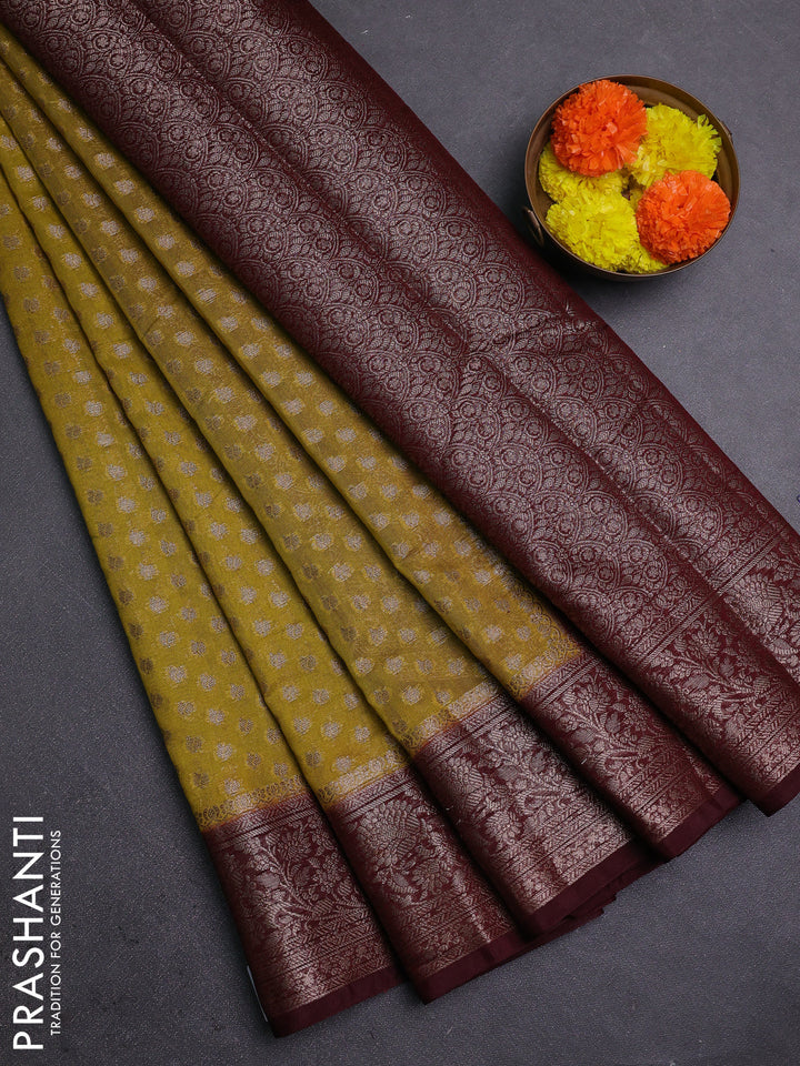 Mustard Green & Maroon Semi Chiniya Silk Saree