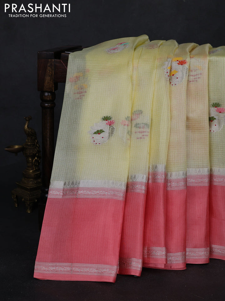 Pale Yellow & Peach Banarasi Kota Silk Saree