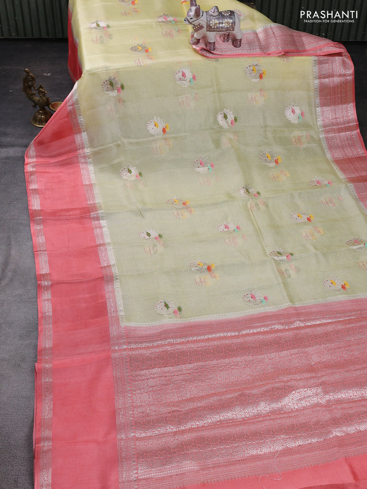 Pale Yellow & Peach Banarasi Kota Silk Saree