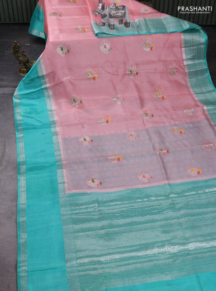 Peach & Teal Blue Banarasi Kota Silk Saree