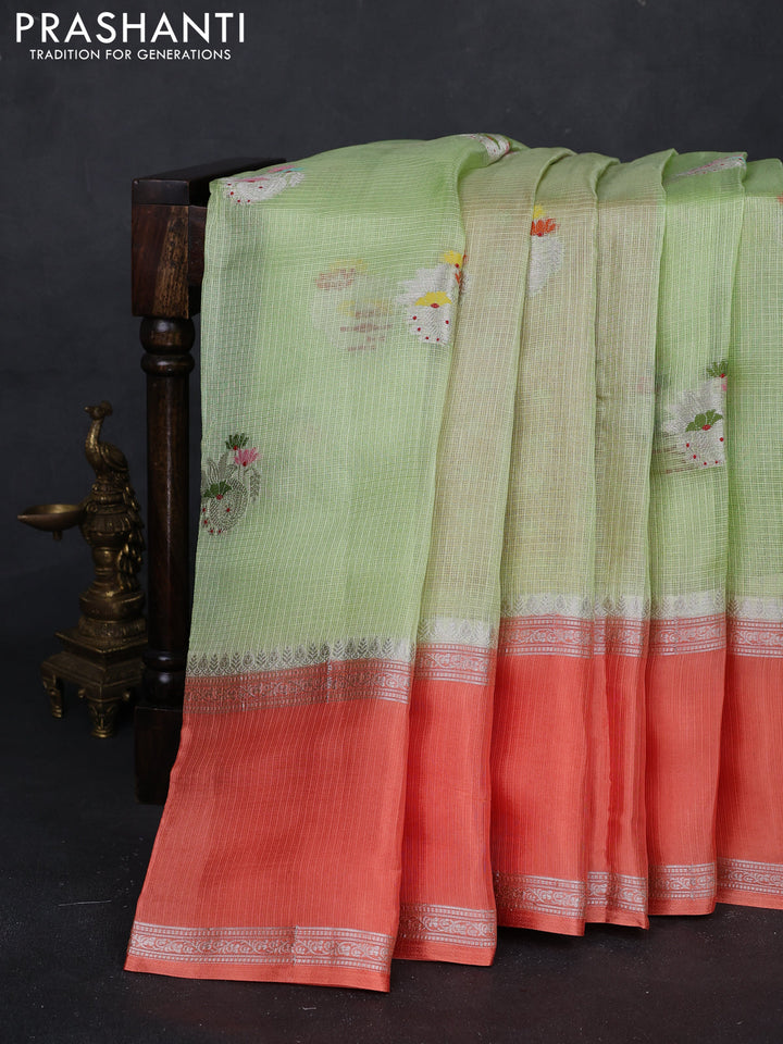 Pista Green & Orange Banarasi Kota Silk Saree