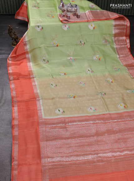 Pista Green & Orange Banarasi Kota Silk Saree