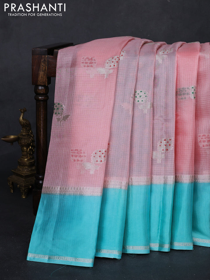 Peach & Teal Blue Banarasi Kota Silk Saree
