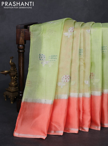 Pista Green & Orange Banarasi Kota Silk Saree