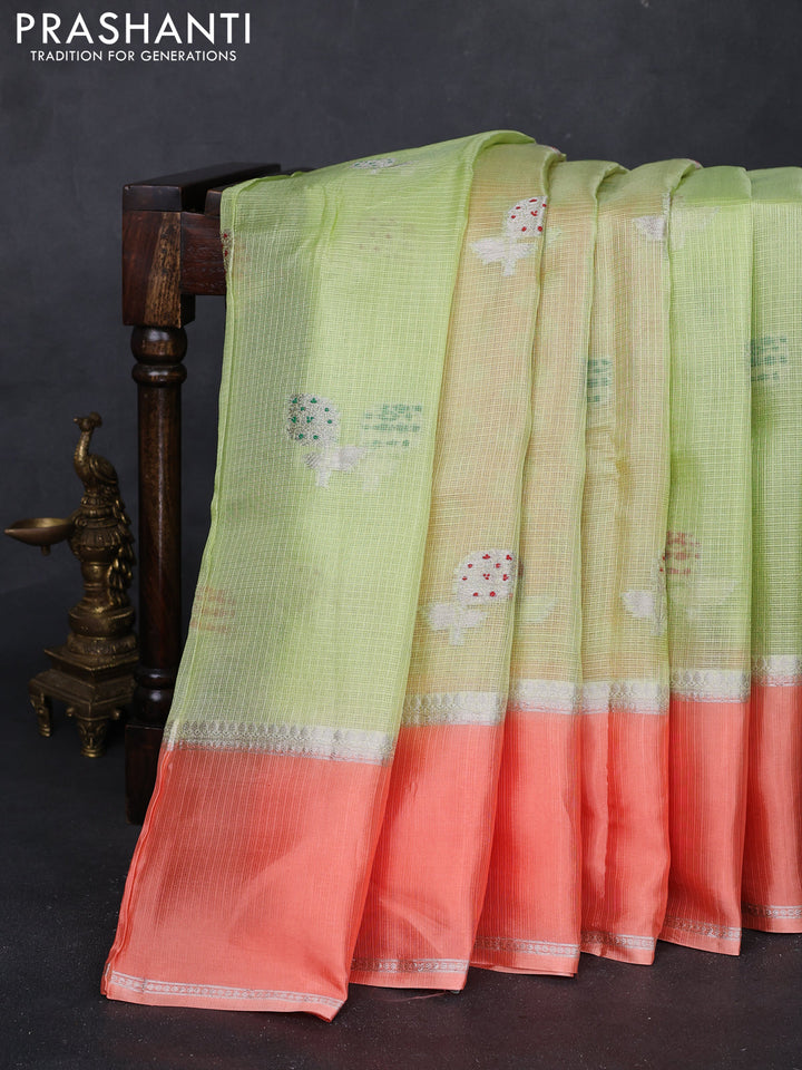 Pista Green & Orange Banarasi Kota Silk Saree