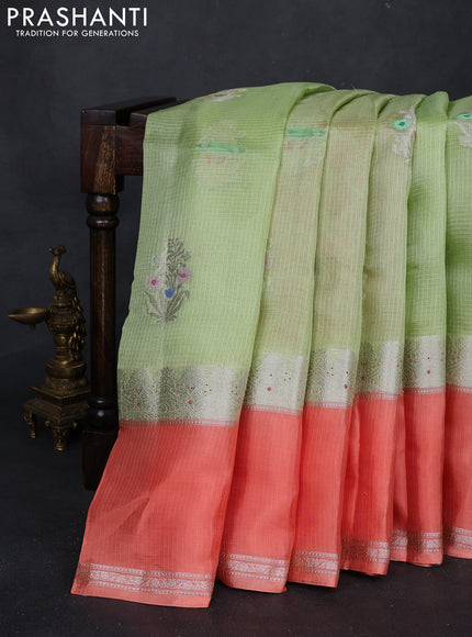 Pista Green & Orange Banarasi Kota Silk Saree