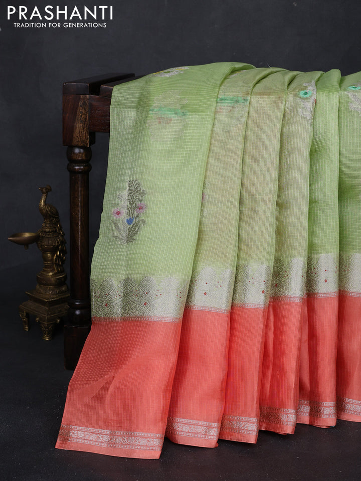 Pista Green & Orange Banarasi Kota Silk Saree