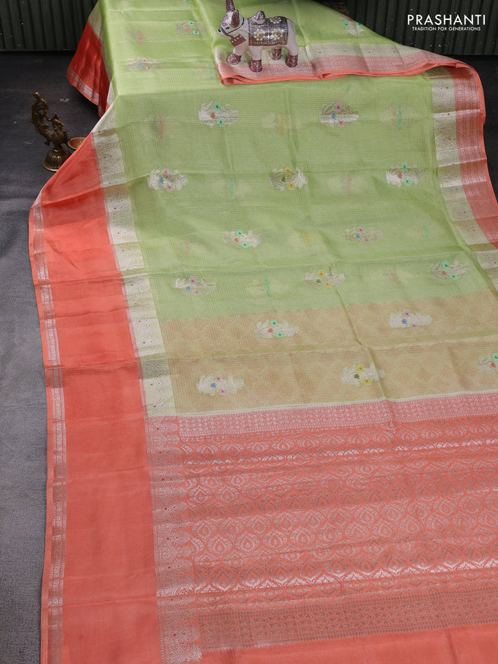 Pista Green & Orange Banarasi Kota Silk Saree