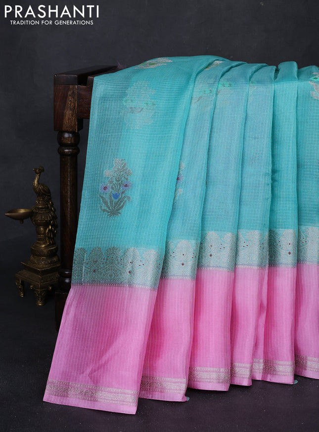 Teal Blue & Light Pink Banarasi Kota Silk Saree
