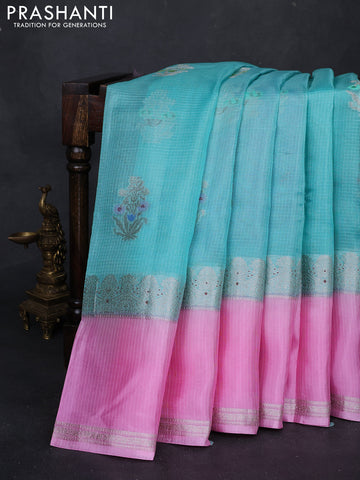 Teal Blue & Light Pink Banarasi Kota Silk Saree