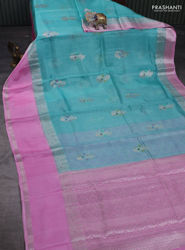 Teal Blue & Light Pink Banarasi Kota Silk Saree