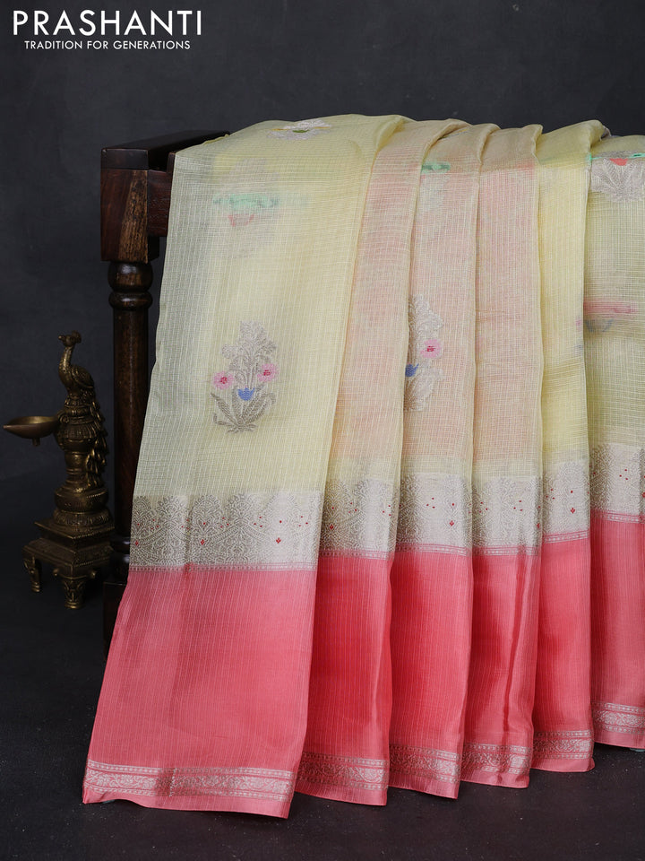 Pale Yellow & Peach Banarasi Kota Silk Saree