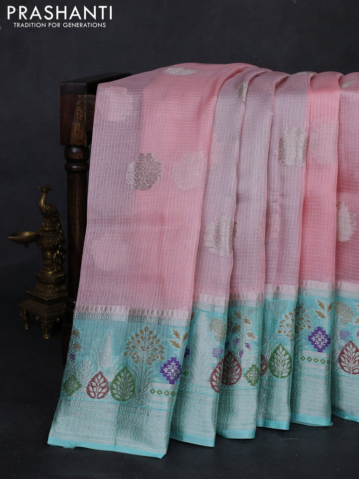 Peach  & Teal Blue Banarasi Kota Silk Saree