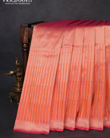 Banarasi katan tissue silk saree dual shade of orange with plain body and long temple design zari woven border