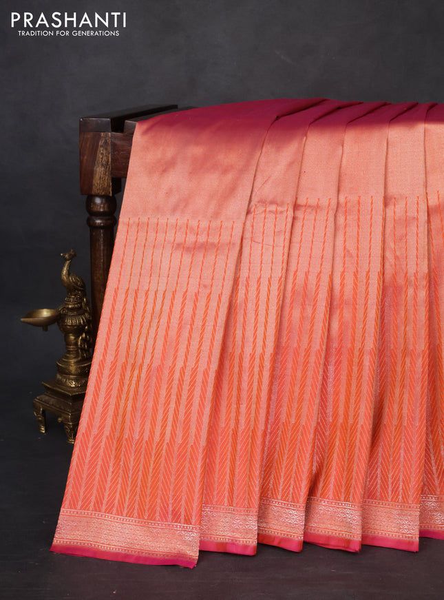 Banarasi katan tissue silk saree dual shade of orange with plain body and long temple design zari woven border