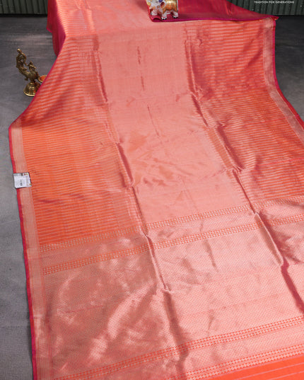 Banarasi katan tissue silk saree dual shade of orange with plain body and long temple design zari woven border