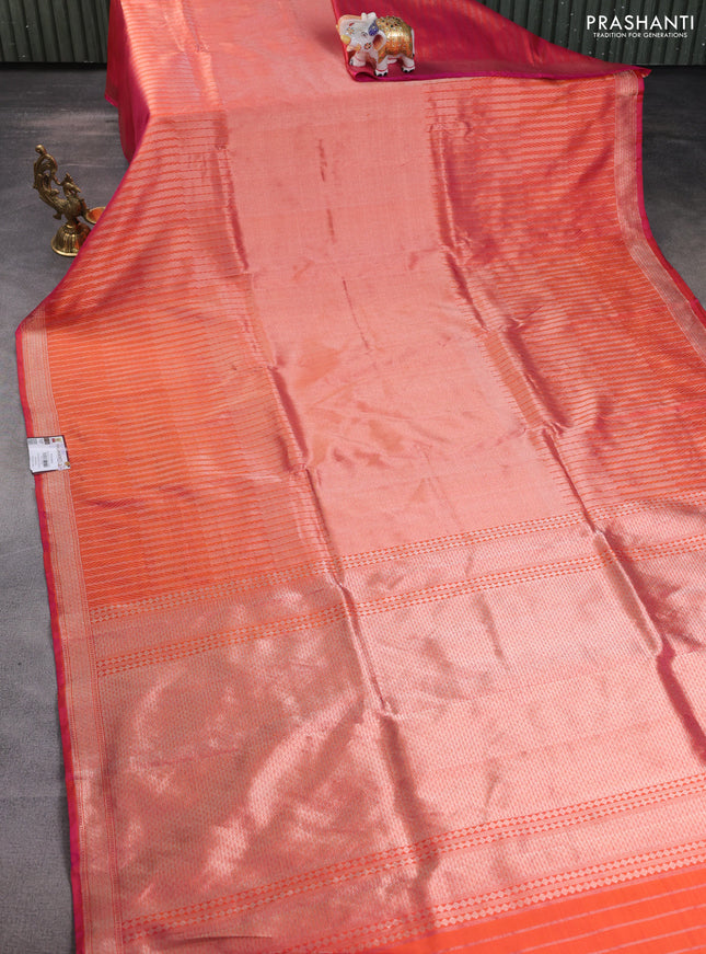 Banarasi katan tissue silk saree dual shade of orange with plain body and long temple design zari woven border